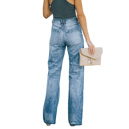Wholesale Women's Stretch Washed Ripped Wide Leg Jeans