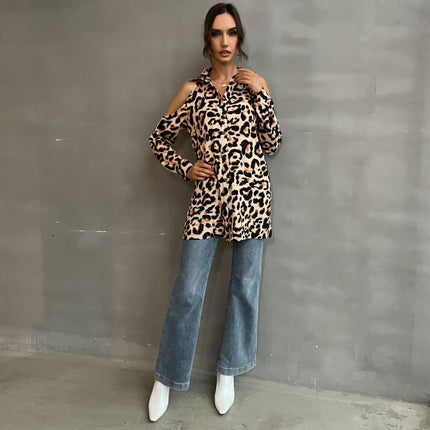 Wholesale Ladies Fall Cardigan Leopard Lapel Long Sleeve Strapless Shirt