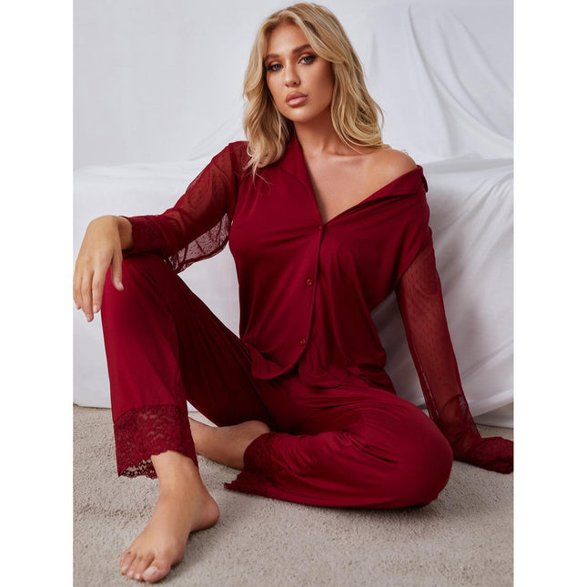 Ladies Pajamas Lace Mesh Long Sleeve Set Homewear