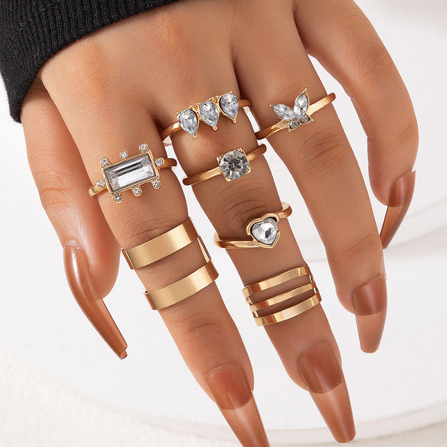 Heart Rhinestone Square Butterfly Seven-Piece Ring Set