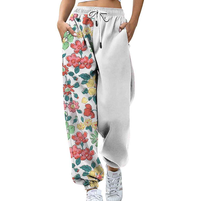 Pantalones casuales sueltos digitales con cordón de cintura alta para mujer