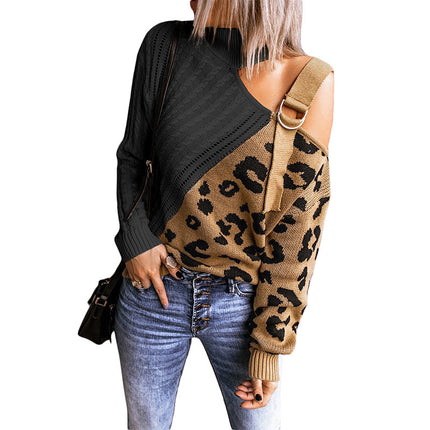 Schulterfreier asymmetrischer Pullover Pullover mit Leopardenmuster
