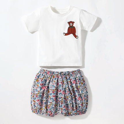 Wholesale Girls Cute Knitted Cartoon Cotton T-Shirt Shorts Suits