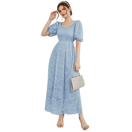 Wholesale Women's Summer V-Neck Puff Sleeve A-Line Dress