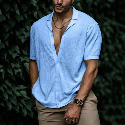 Camisa de manga corta de color sólido de cárdigan informal de verano para hombre