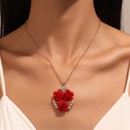 Red Rose Necklace Earrings Ring Valentine's Day Gift
