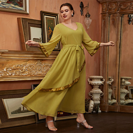 Lockeres gelbgrünes Retro-Large-Swing-Damenkleid in Übergröße