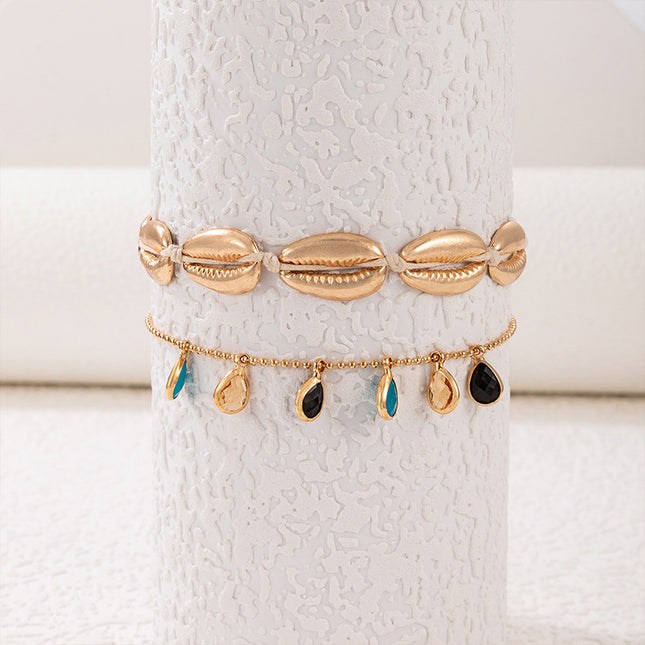 Cord Braided Gold Shell Drop Two-Tier Anklet Set