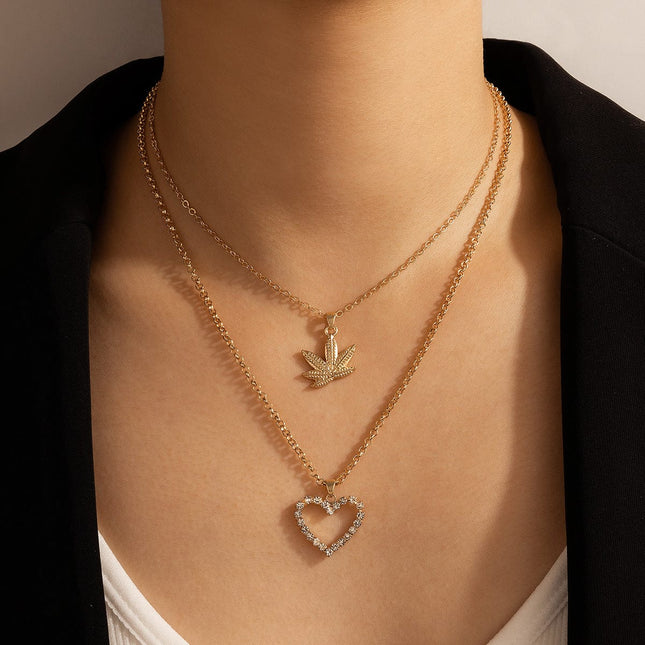 Collar de doble capa de corazón de diamantes de imitación de hoja de arce geométrico