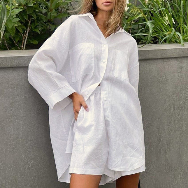 Wholesale Women's Casual Cotton White Shirt Shorts Two-piece Set