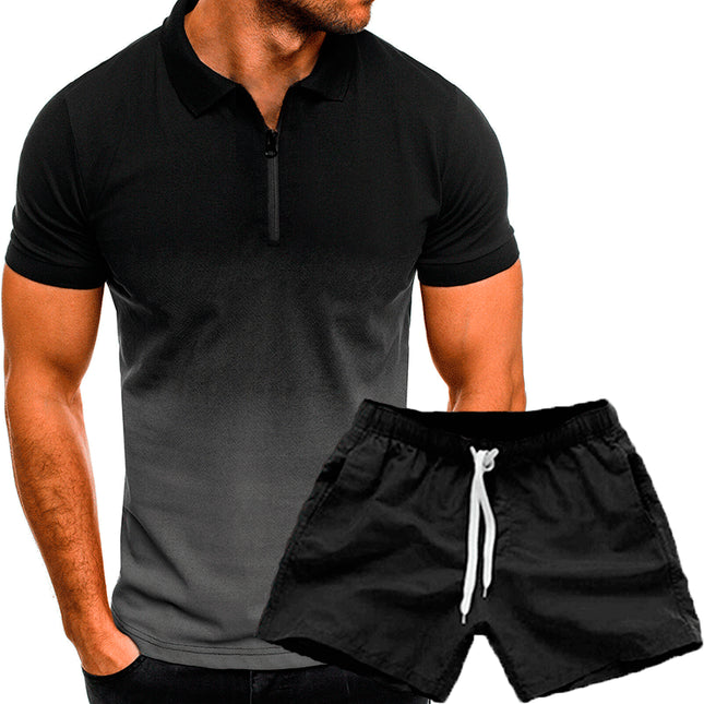 Lässiges Sommer-Revers-Farbverlauf-Kurzarm-Poloshirt-Set für Herren