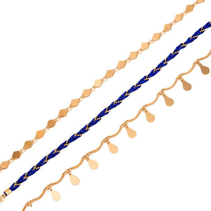 Wholesale Water Drop Disc Blue Woven Three Layer Anklet
