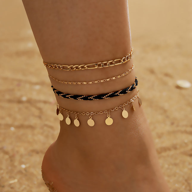 Metal Chain Disc Tassel Cord Braided Anklet Set of 4