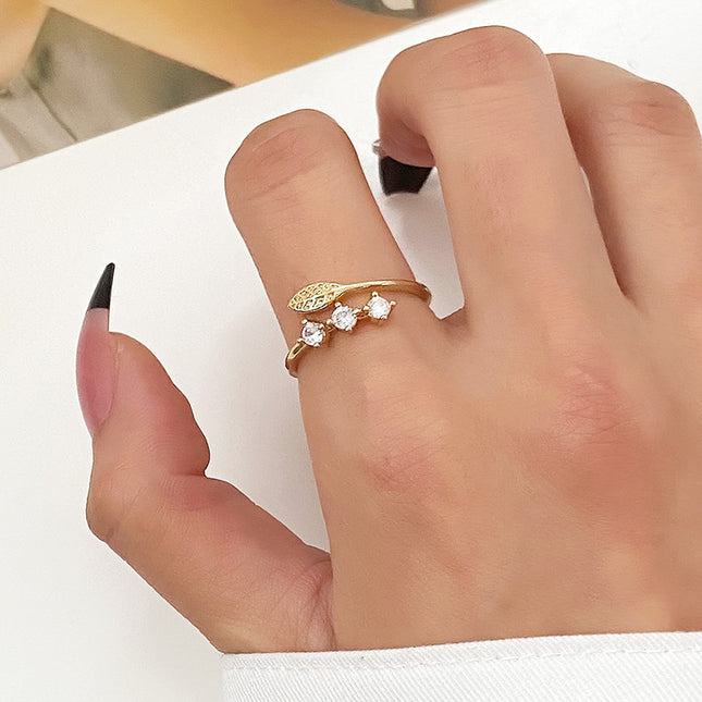 Rhinestone Leaf Ring Fashion Open Index Finger Ring Leaf Ring