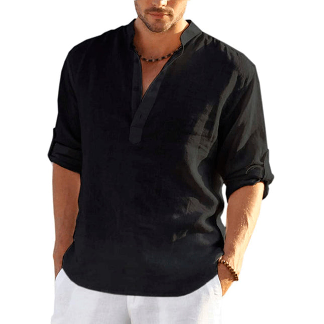Camisa de lino de algodón de manga larga de color liso para hombre