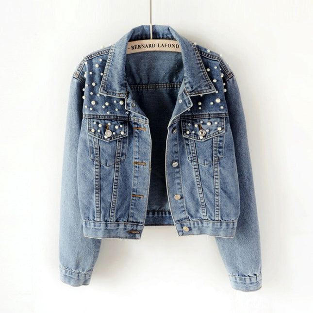 Wholesale Women's Spring Autumn Cropped Studded Pearl Denim Jacket