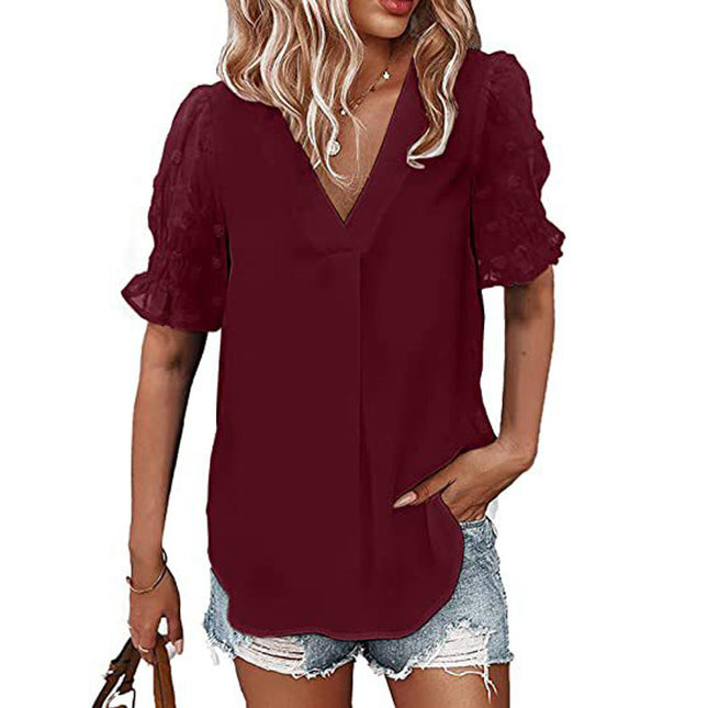 Wholesale Women's V-Neck Chiffon Shirt Fur Ball Short Sleeve Casual Loose Shirt Top