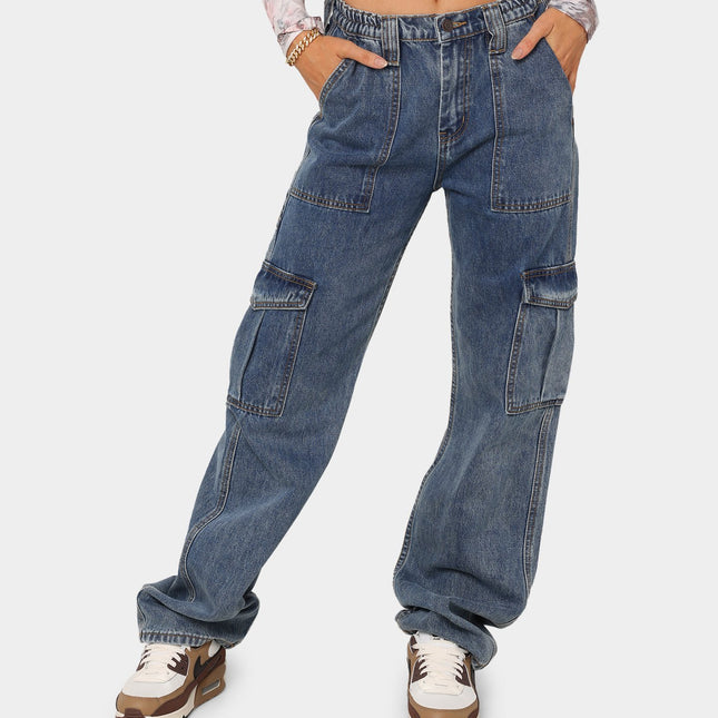 Damen-Jeans mit mehreren Taschen, hoher Taille und elastischer Taille
