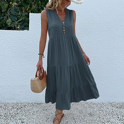 Wholesale Ladies Summer Sleeveless Pleated Loose V Neck Midi Dress