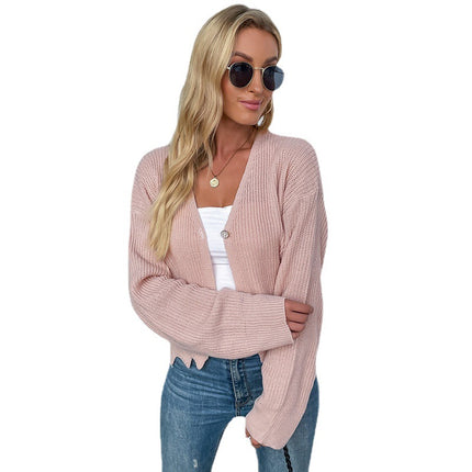 Wholesale Women's Autumn Knitted Pink Wavy Long Sleeve Sweater Jacket