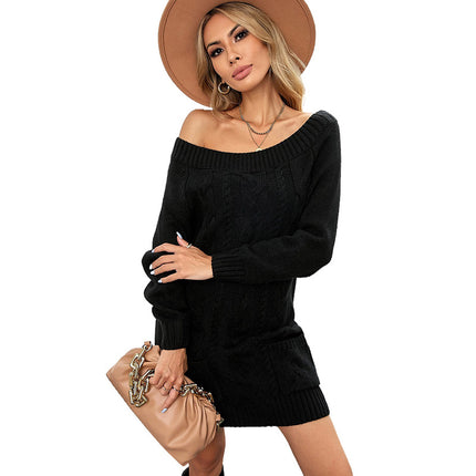Wholesale Women's Solid Color Off-Shoulder Pullover Slim Sweater Dress