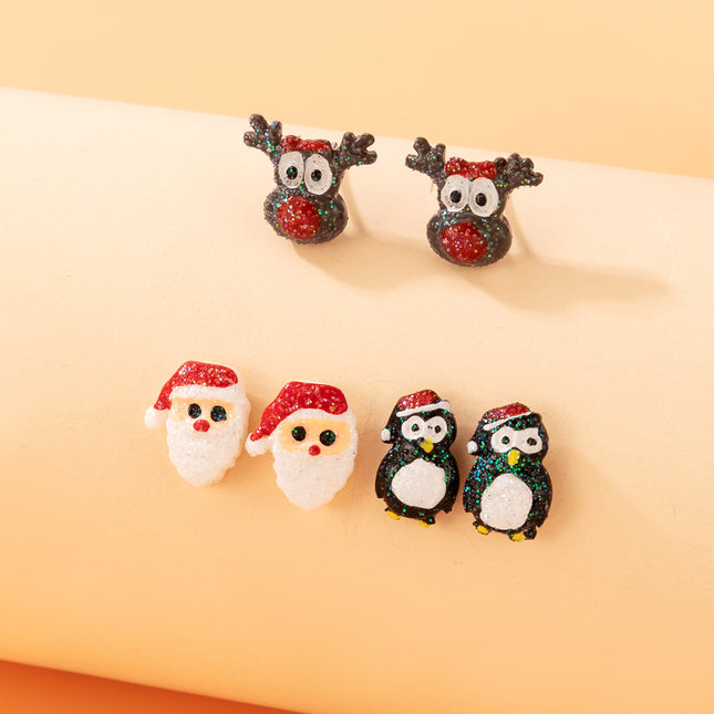 Cartoon Penguin Elk Santa Stud Earrings Set