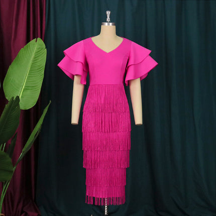Wholesale V-Neck Ruffle Sleeves High Waist Tassel Women's Dress