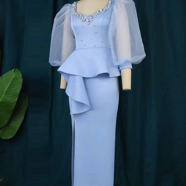 Perlenbesetztes durchsichtiges Laternenärmel-One-Step-Kleid für Damen