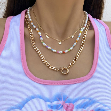 Colorful Flower Bead Pearl Metal Tag Peach Heart Necklace