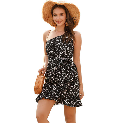 Wholesale Women‘s Summer Floral Slanted Shoulder Strapless Strap Dress