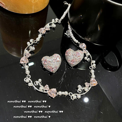 Pink Heart 18K Gold-plated Heart Bow Zircon Earrings