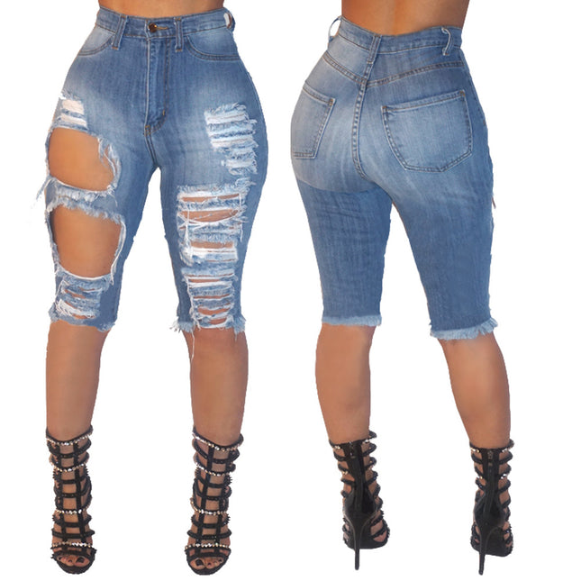 Jeans de mujer de cintura alta de alta elasticidad rasgados de longitud media