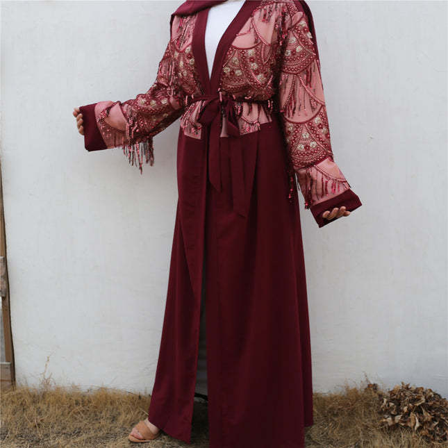 Ladies Sequin Tassel Turkish Muslim Abaya Cardigan Robe