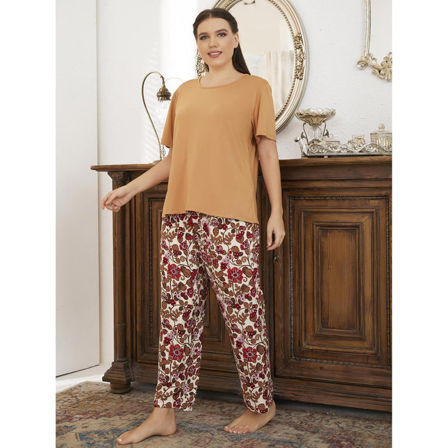 Conjunto de pijama con pantalones florales de manga corta para primavera y verano de talla grande para mujer al por mayor