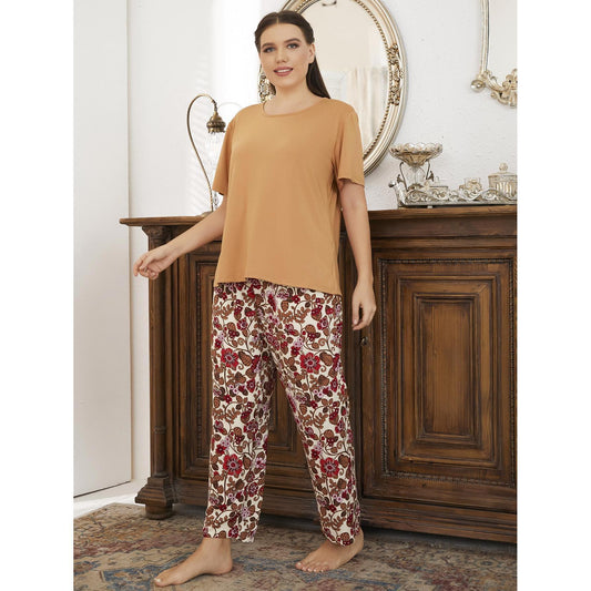 Wholesale Women's Plus Size Homewear Spring Summer Short Sleeve Floral Trousers Pajamas Set