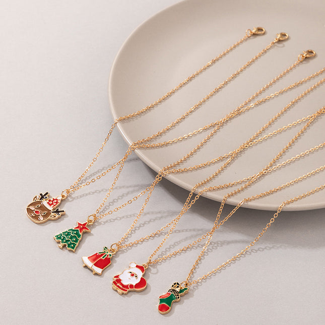 Conjunto de collar de campana de árbol de Navidad lindo de dibujos animados de elemento de alce de Santa de color de aceite de goteo