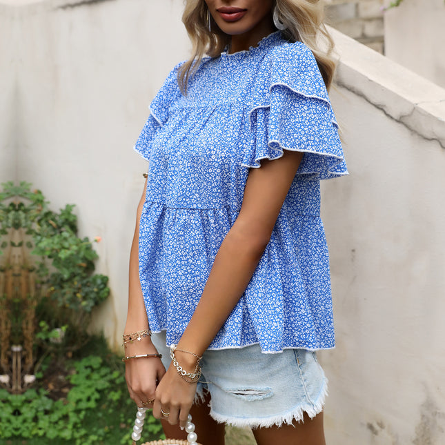 Wholesale Women's Summer Floral Short Sleeve Ruffle Blouse Top