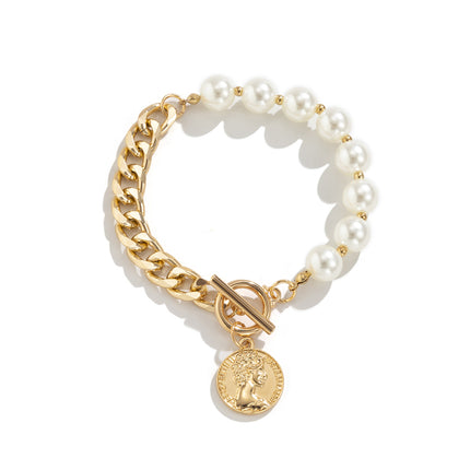 Einfaches Perlen-Herz-Mond-Schmuck-Metallköniginnenkopf-Tag-Armband
