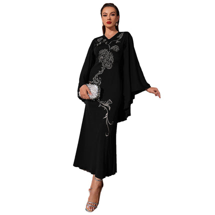 Wholesale Women's V-Neck Dolman Sleeve Embroidered Long Dress
