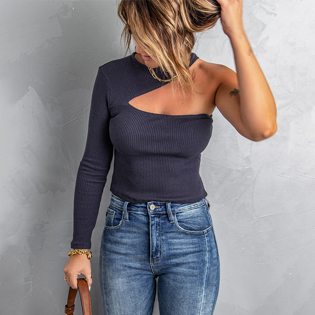 Wholesale Women's Solid Color Asymmetric Off-Shoulder Sweater