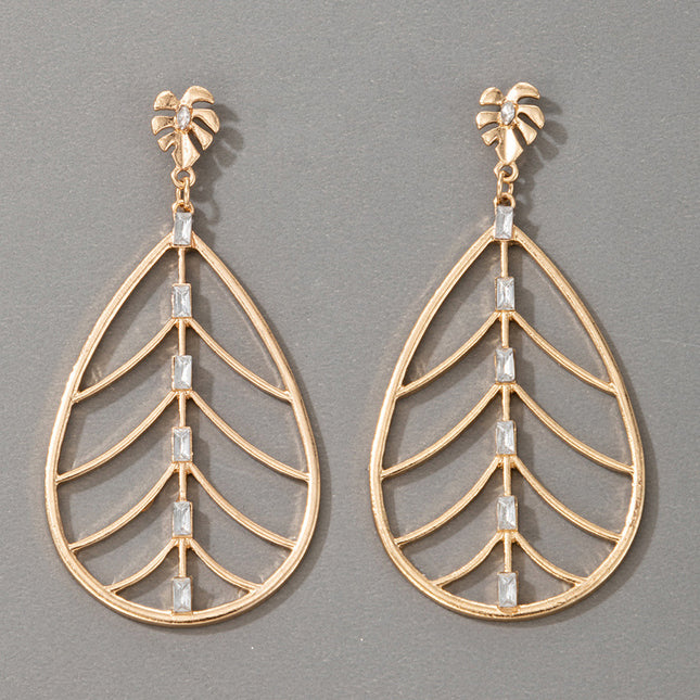 Rhinestone Leaf Geometric Leaf Hollow Stud Earrings