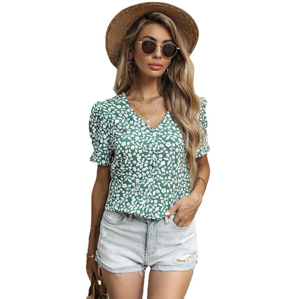 Wholesale Women's Summer Short Sleeve Printed V-Neck Pullover Shirt