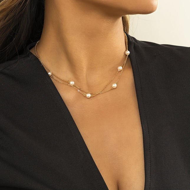 Einfache Doppelschicht-Faux-Perlen-Kettenschlüsselbein-Halskette im Großhandel