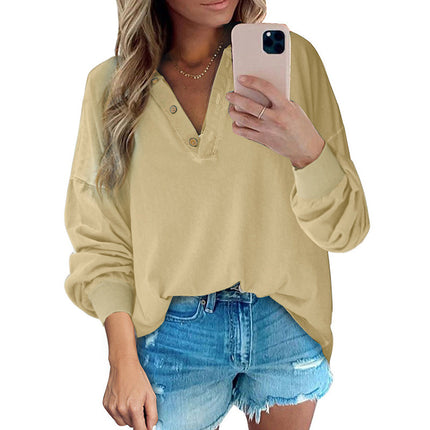 Women's Solid Color Button Half Cardigan Long Sleeve Casual T-Shirt