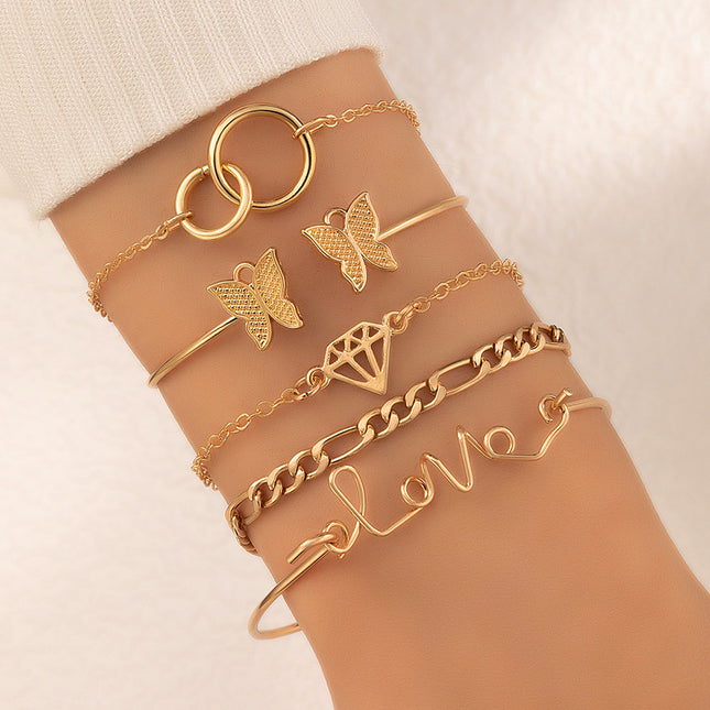 Conjunto de pulsera abierta con cadena de letra y anillo recortado con diamantes de imitación de mariposa