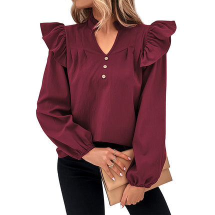 Wholesale Ladies Spring Summer Red Ruffle Long Sleeve Shirt