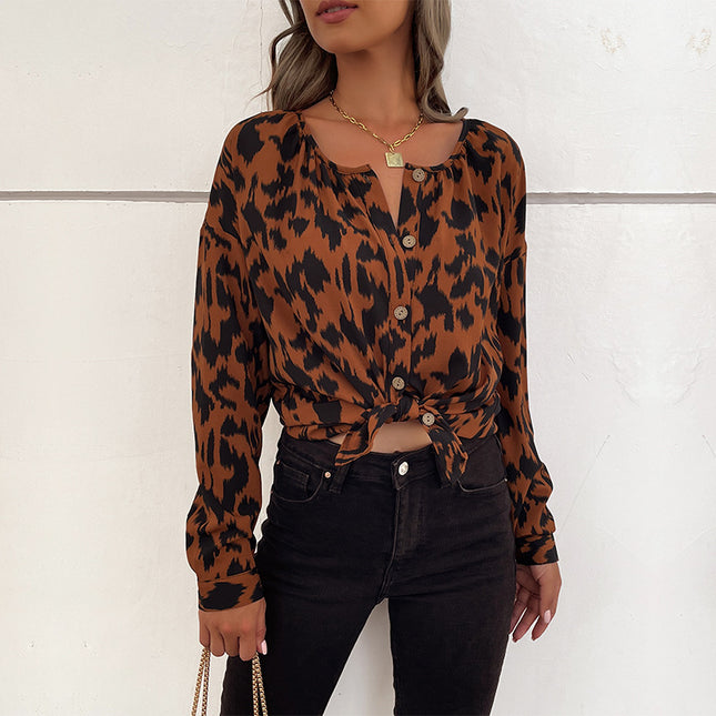 Damen Herbst Winter Top Langarm Leopard Print Shirt