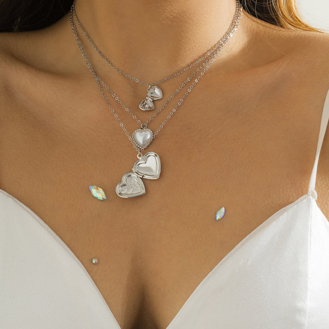 Metal Open Heart Pendant Vintage Pearl Chain Necklace