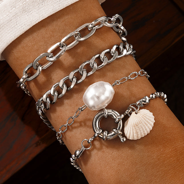 Shell Pearl Thick Chain 4-teiliges Armband