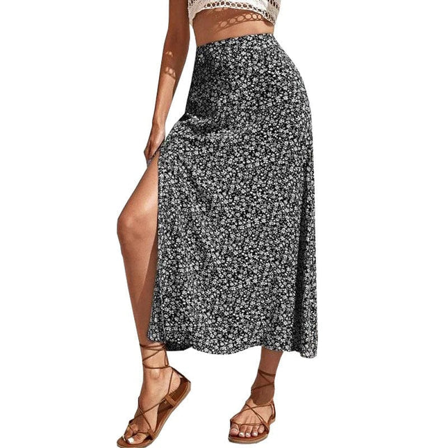 Women Fashion Floral Split A-line Hip Wrap Mid Waist Skirt
